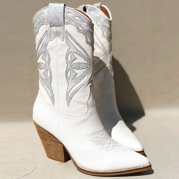 Beast Fashion Shoes - White Iridescent Metallic Applique Pointy Toe Block Heel Cowgirl Western Boots